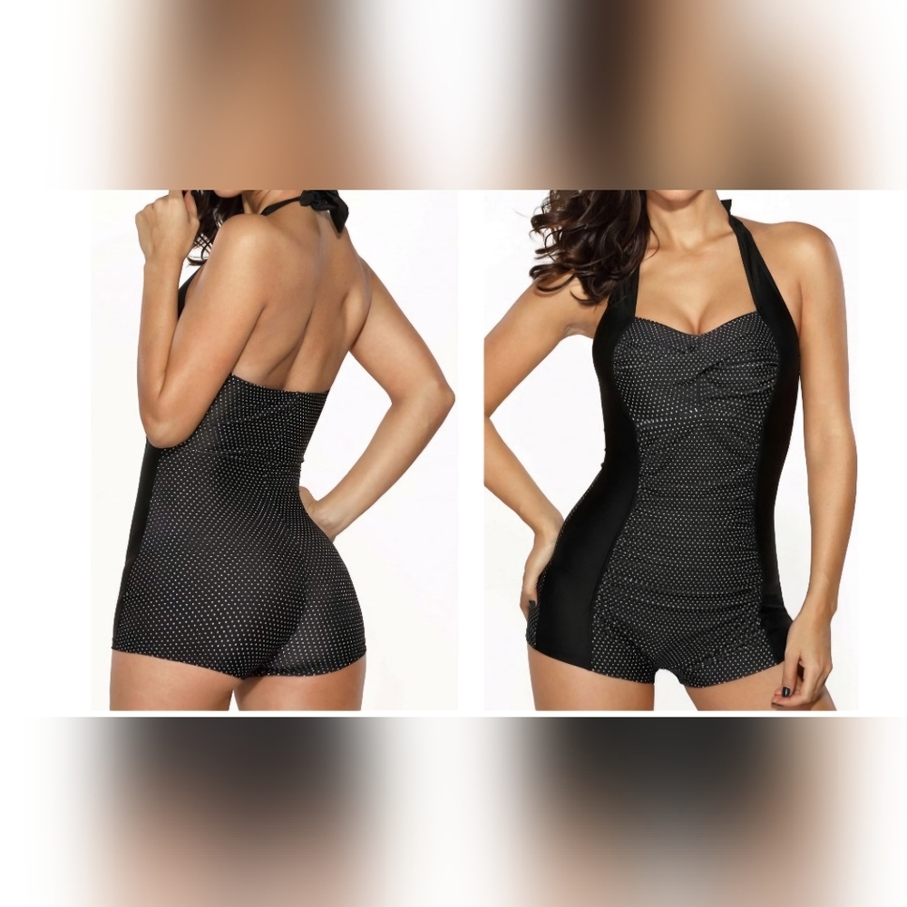 Vtg‎ Pinup Style 1 piece slimming black polka dot tie neck swimsuit XL
